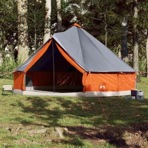 Geräumiges, wasserdichtes Tipi-Familienzelt in Grau und Orange für bis zu 12 Personen beim Camping.