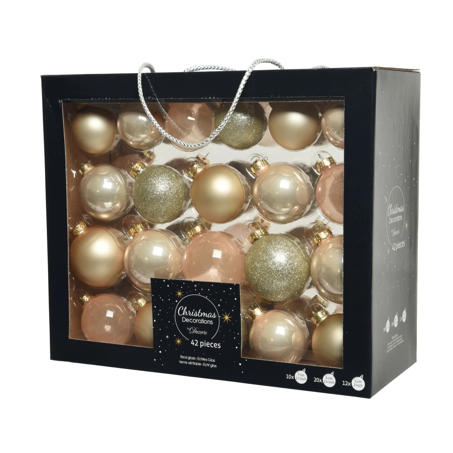 Decoris Weihnachtskugeln Glas 3 Größen Perle Mix 42-teilig