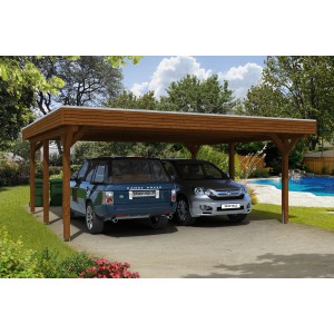 Skan Holz Carport Spessart, Nussbaum, 611x604 cm, mit zwei geparkten Autos.
