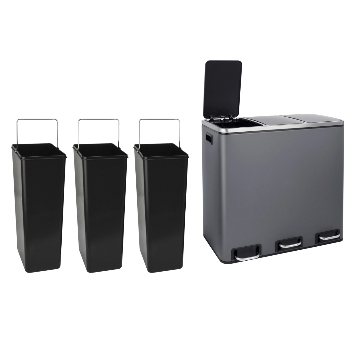 Svita TM3X18 Mülleimer, 54L, grau, mit 3 Fächern und Inneneimern zur Mülltrennung.