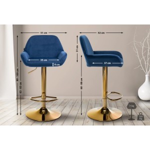 CLP 2er Set Barhocker Braga: blaue Samt-Sitze, goldenes Metallgestell. Höhenverstellbar, drehbar, Maße sichtbar.