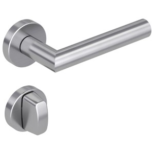 Novadoors Türgriffgarnitur NOVA MIO 120 aus mattem Edelstahl, L-Form, mit WC-Verriegelung. Moderne Türbeschläge.