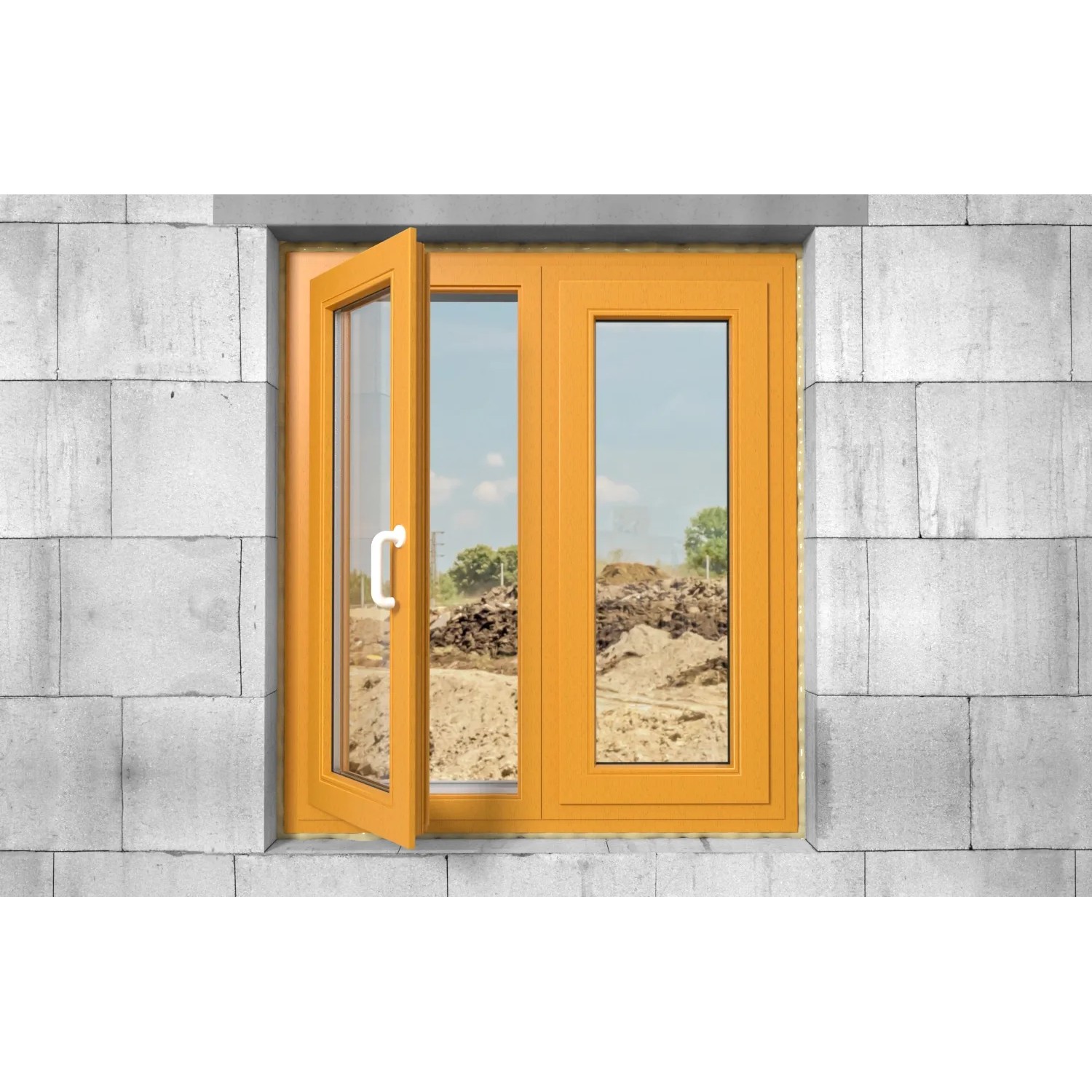 Gelber Fensterrahmen in Mauerwerk eingebaut, ein Fenster geöffnet.