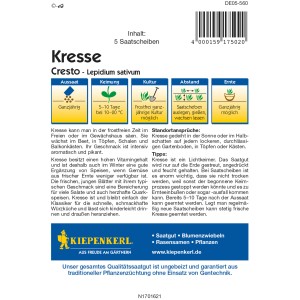 Kiepenkerl Kresse Cresto Saatscheibe: Verpackung mit Infos zu Aussaat, Keimung und Ernte.