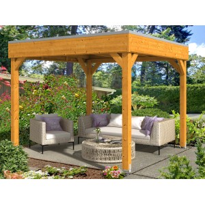 Skan Holz Pavillon Toulouse, eiche hell lasiert, 294x294 cm. Gartenlaube mit Sitzgruppe im Garten.
