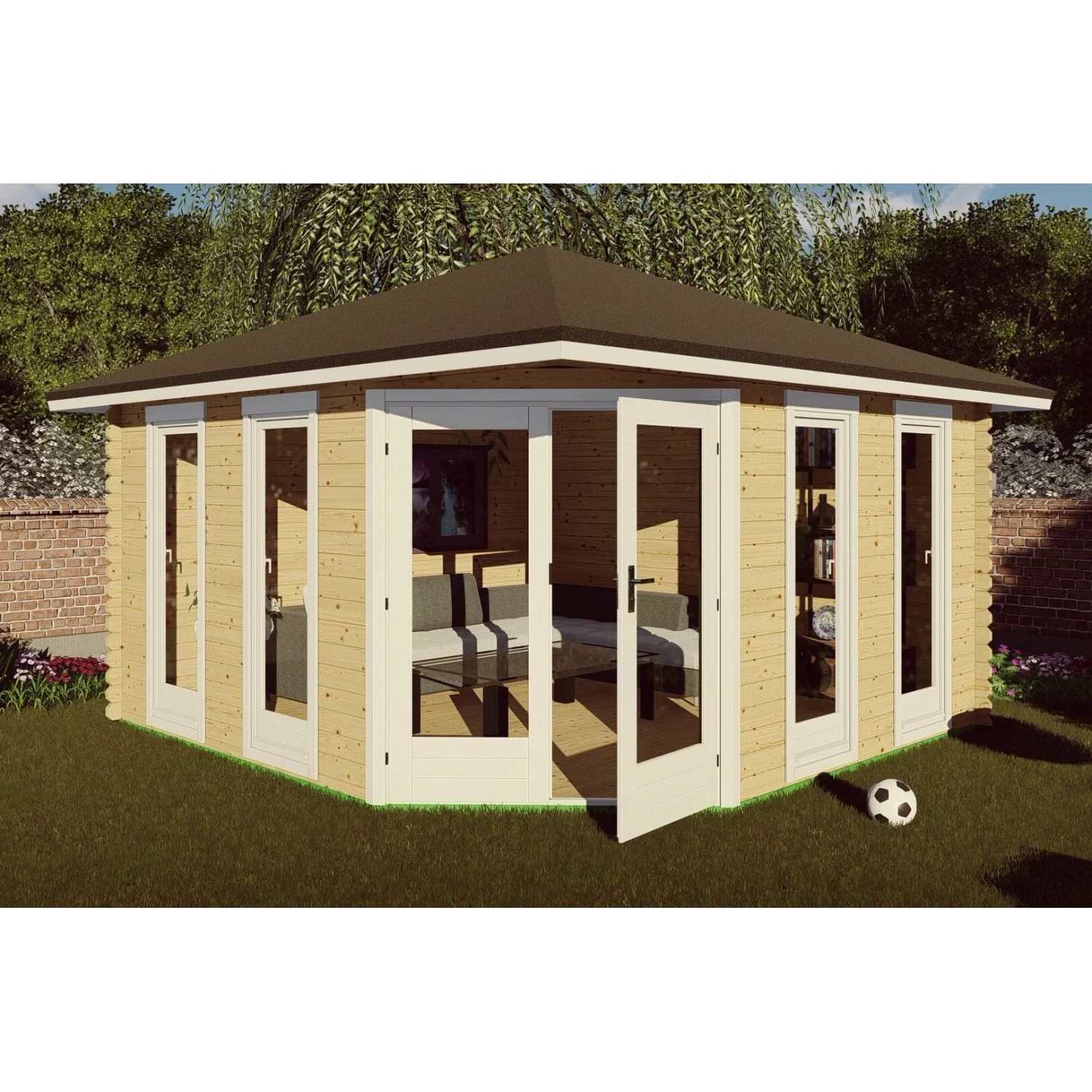 Finn Art Blockhaus 40mm 5 Eck Holz Gartenhaus 4x4 m York 3 mit Doppeltür und 28mm Fußboden