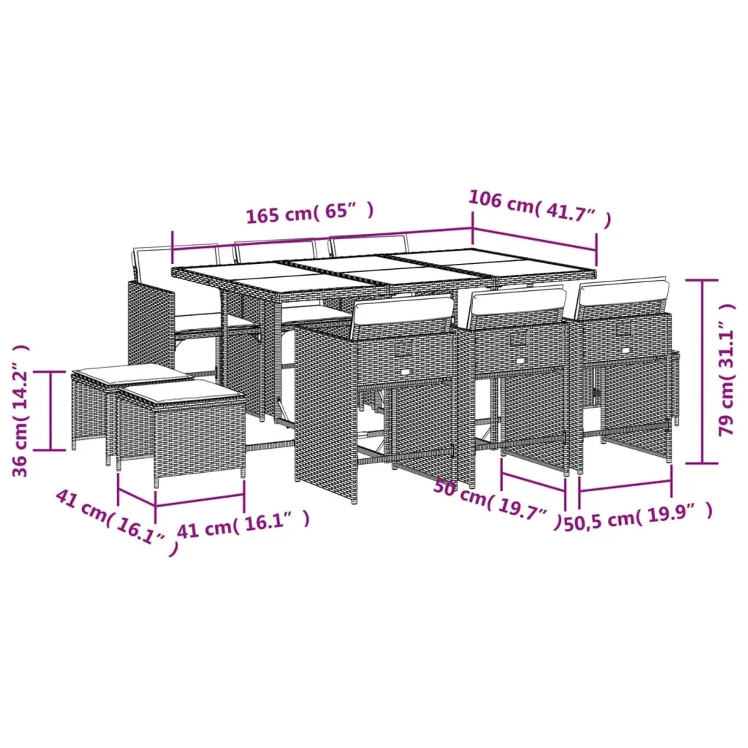 vidaXL Garten-Essgruppe, 11-teilig, beige Poly Rattan mit Maßen. Ideal für Garten, Terrasse oder Balkon.