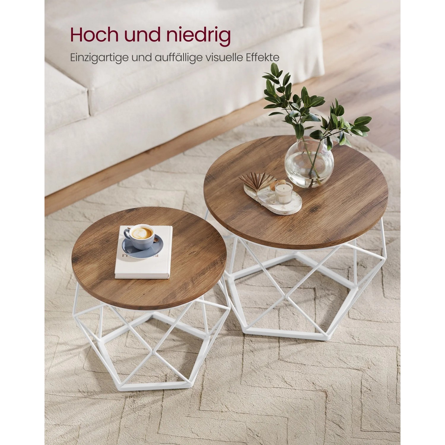Vasagle Couchtisch Rund 2er Set Braun-Weiß