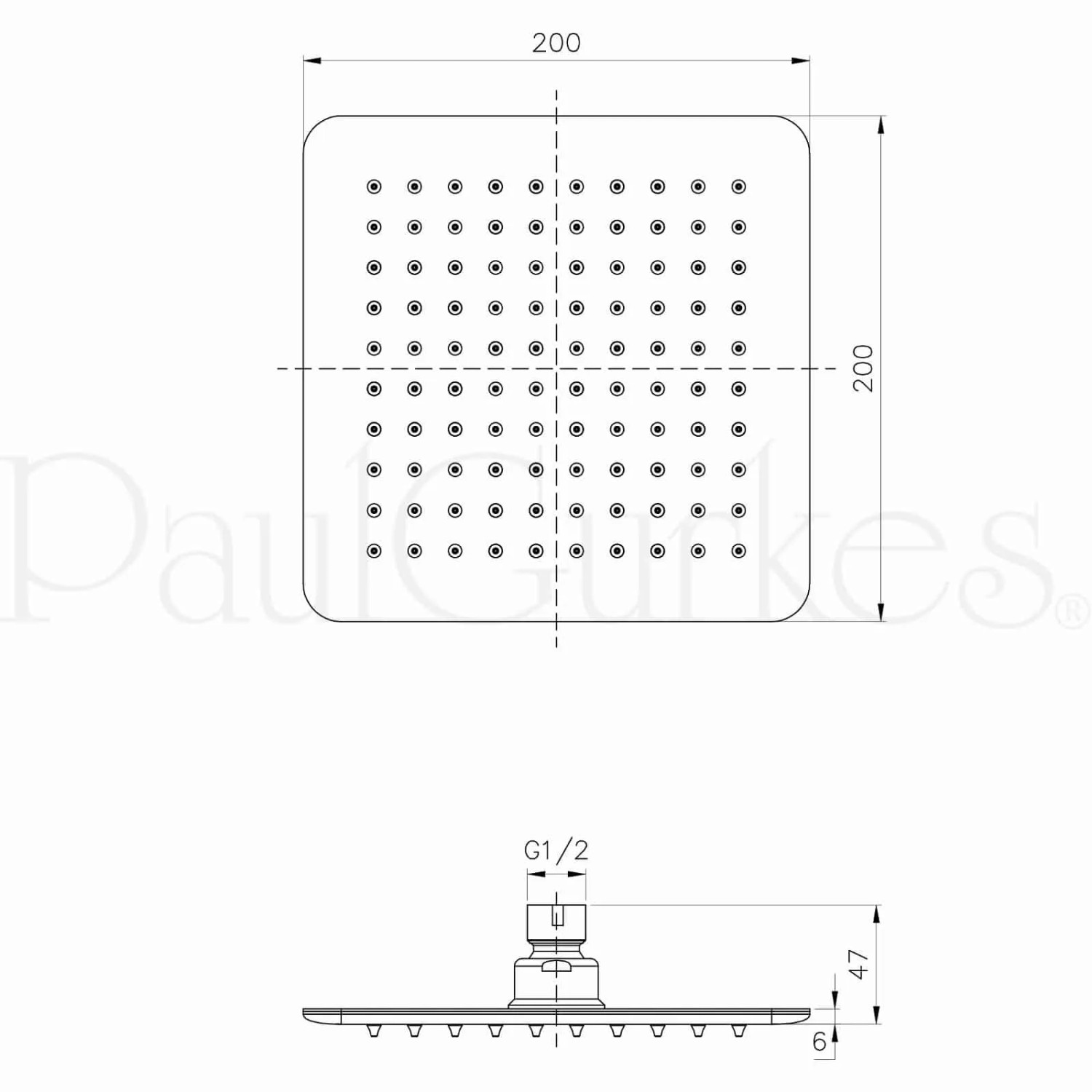 Technische Zeichnung: PaulGurkes Regendusche 20cm, Duschsystem Unterputz mit Maßangaben.