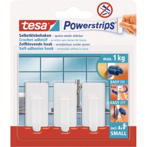 Tesa Selbstklebehaken, 3er-Set, weiß, abgerundet, mit Powerstrips Small. Hält bis zu 1 kg.