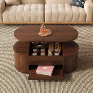 Brauner Couchtisch mit anhebbarer Platte, Stauraum, ausziehbarer Ablage und gebogenen Holzseiten.