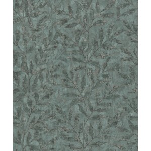 Rasch Vliestapete Factory V mit Blättern in Dunkelgrün und Silber auf ozeangrünem Grund.
