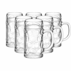 Sechs klare Van Well München Bierkrüge aus Glas, 0,5 l geeicht, mit Noppenmuster und Henkeln, im Set.