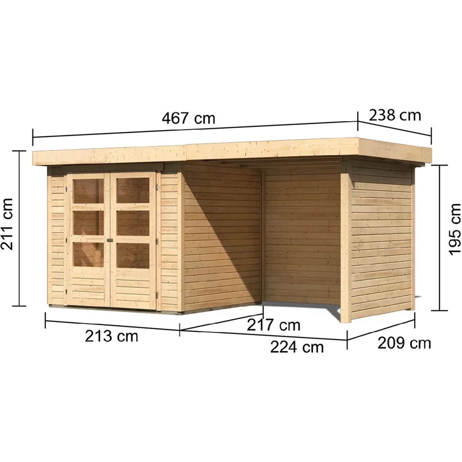 Karibu Holz-Gartenhaus Boras, unbehandelt, mit Maßangaben. Ideal zur Aufbewahrung im Garten.