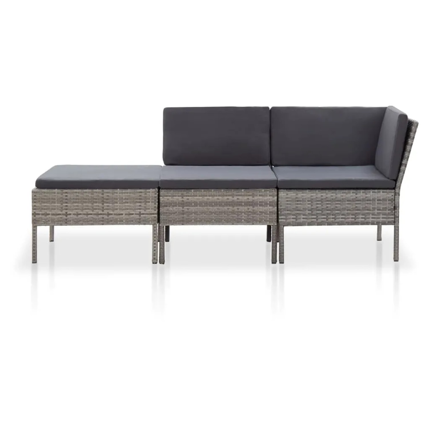 Graues 3-tlg. vidaXL Garten-Lounge-Set aus Polyrattan mit anthrazitfarbenen Auflagen.