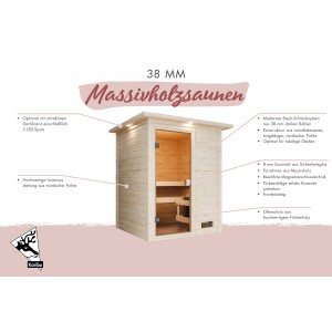 Karibu Sauna Rabea, naturbelassene Massivholzsauna mit Fronteinstieg und integriertem 3,6 kW Ofen.