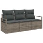 Graues 3-tlg. vidaXL Gartensofa-Set aus Poly-Rattan mit dicken, dunklen Kissen für Terrasse.