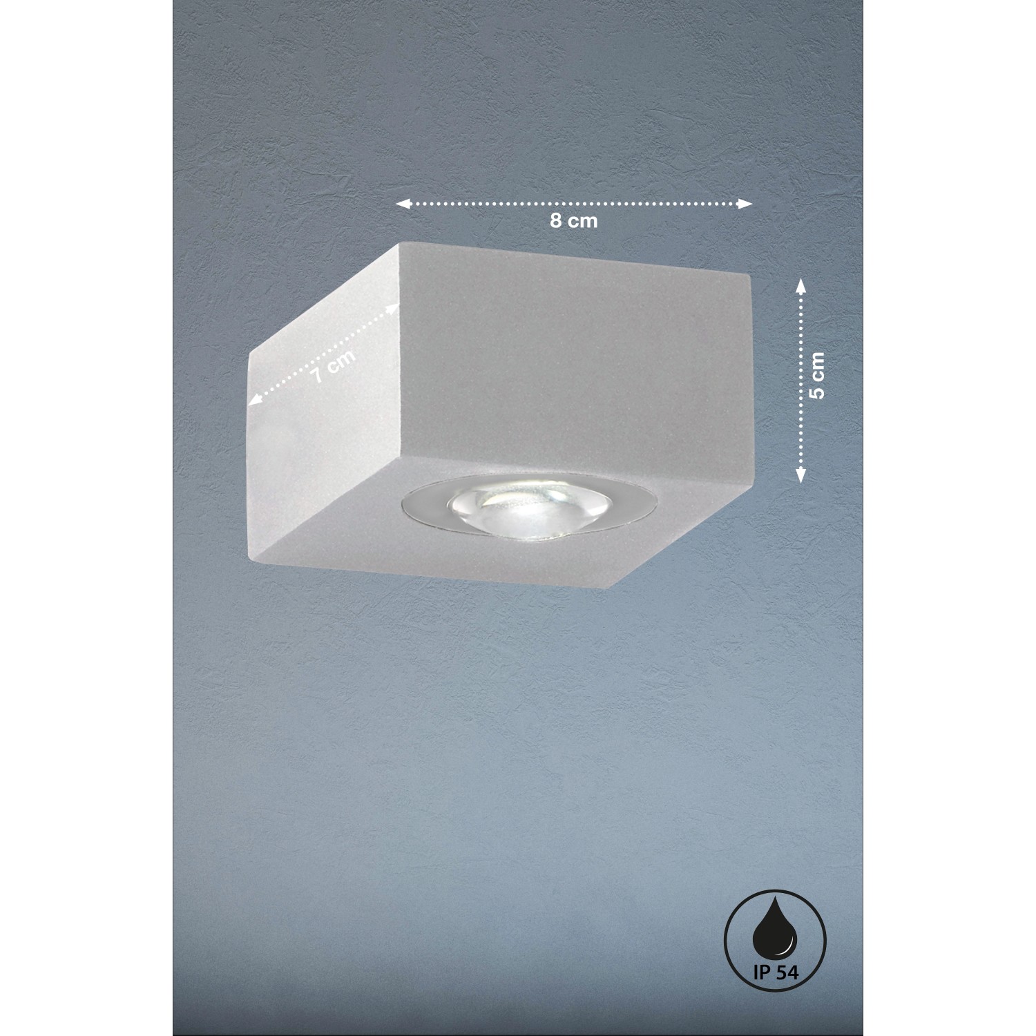 Silberne LED-Außenwandleuchte Helsinki von Fischer & Honsel, quadratisch, mit Maßen.