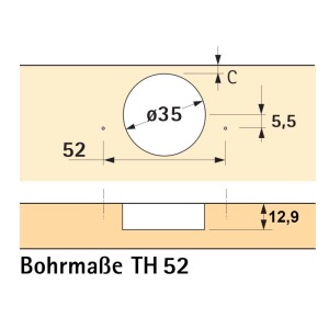Bohrmaße für SOTECH SENSYS Topfscharnier: Ø35mm Loch, 52mm Abstand, 12.9mm Tiefe. Möbelscharnier.