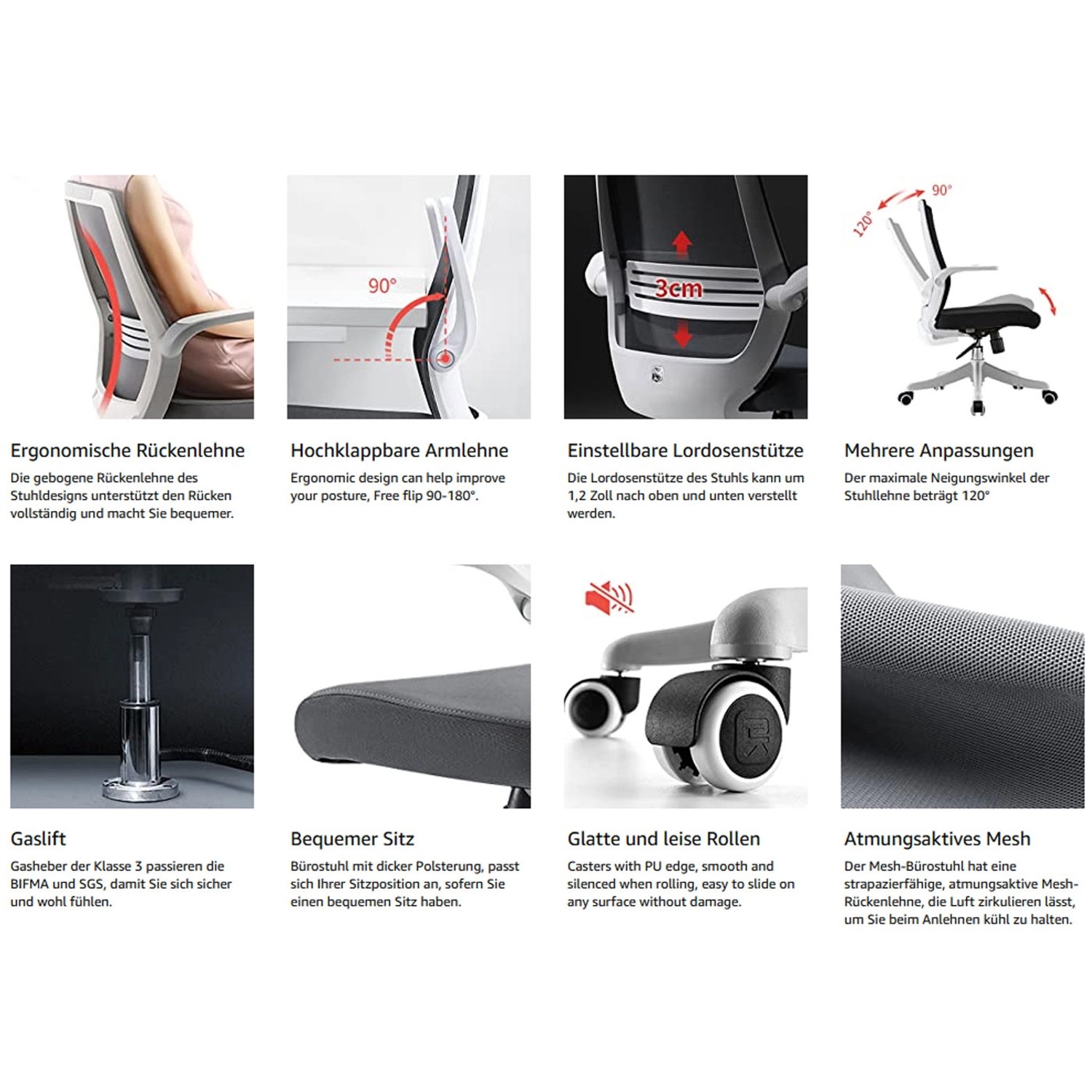 Detailansichten des grauen MCW Bürostuhls J88: Ergonomische Details und Funktionen im Überblick.