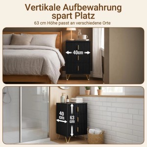 Moderner schwarzer Nachttisch mit 3 geriffelten Schubladen, goldenen Griffen und Beinen. 40x63x40cm Beistelltisch für Schlafzimmer.