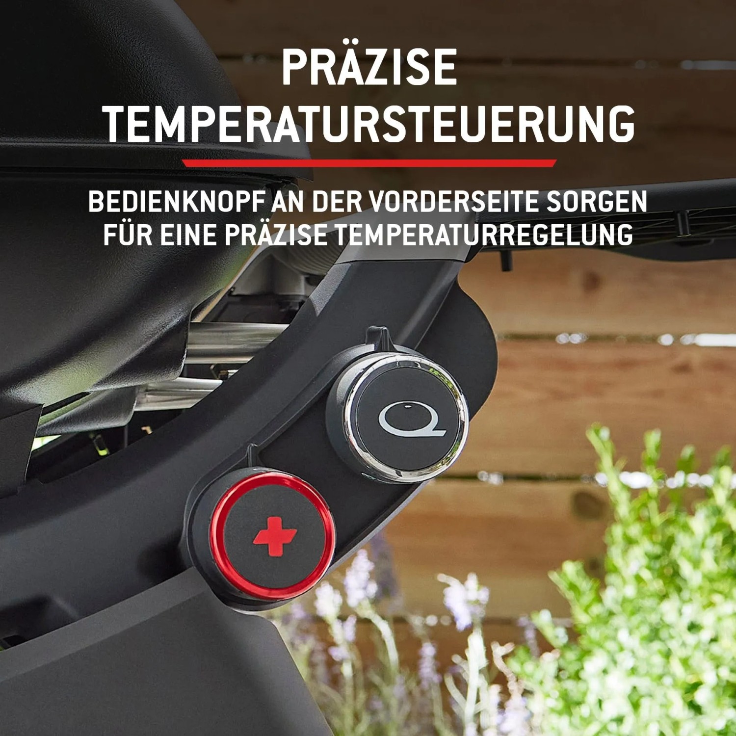 Detailaufnahme: Weber Gasgrill Q2800N+ mit Temperaturregler und Zündung.