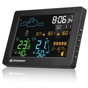 Schwarze Bresser Wetterstation MeteoTemp Baro HZ mit Farbdisplay für Innen- und Außentemperatur.