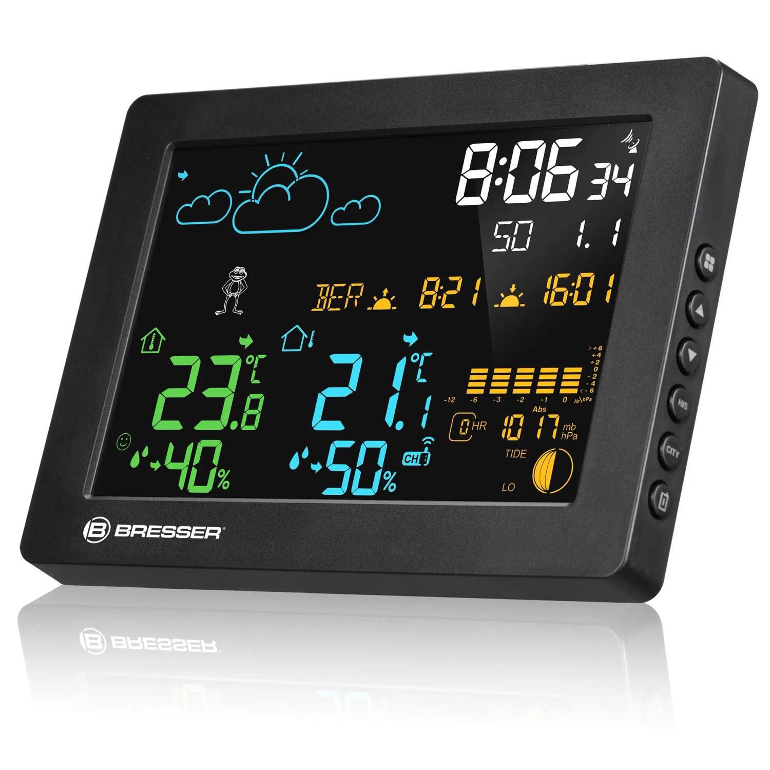 Schwarze Bresser Wetterstation MeteoTemp Baro HZ mit Farbdisplay für Innen- und Außentemperatur.