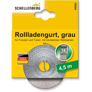 Schellenberg Rollladengurt Mini, 14mm, 4,5m, Grau, aufgerollt in gelber Verpackung.