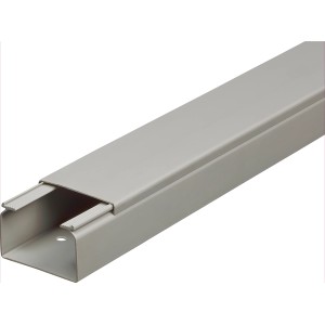 Grauer Kabelkanal, 60x40 mm, 2 m Länge, zur Kabelverlegung im Innen- und Außenbereich.