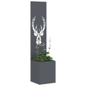 Anthrazitfarbener Garten-Sichtschutz mit Hirsch-Motiv und Pflanzkasten.