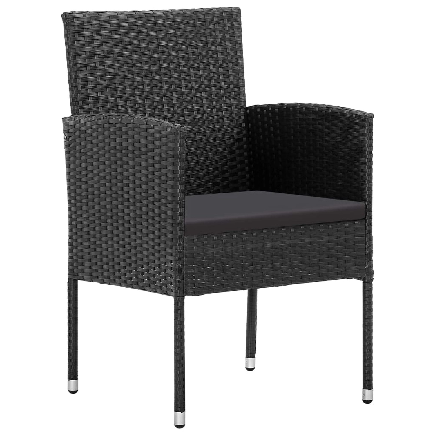 Schwarzer vidaXL Gartenstuhl aus Poly Rattan mit Sitzkissen, Teil der 5-tlg Essgruppe.