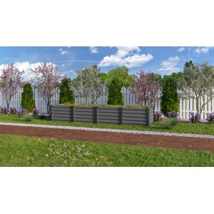 Langes, graues Vitavia Linus Hochbeet (401 L) aus Metall im Garten.