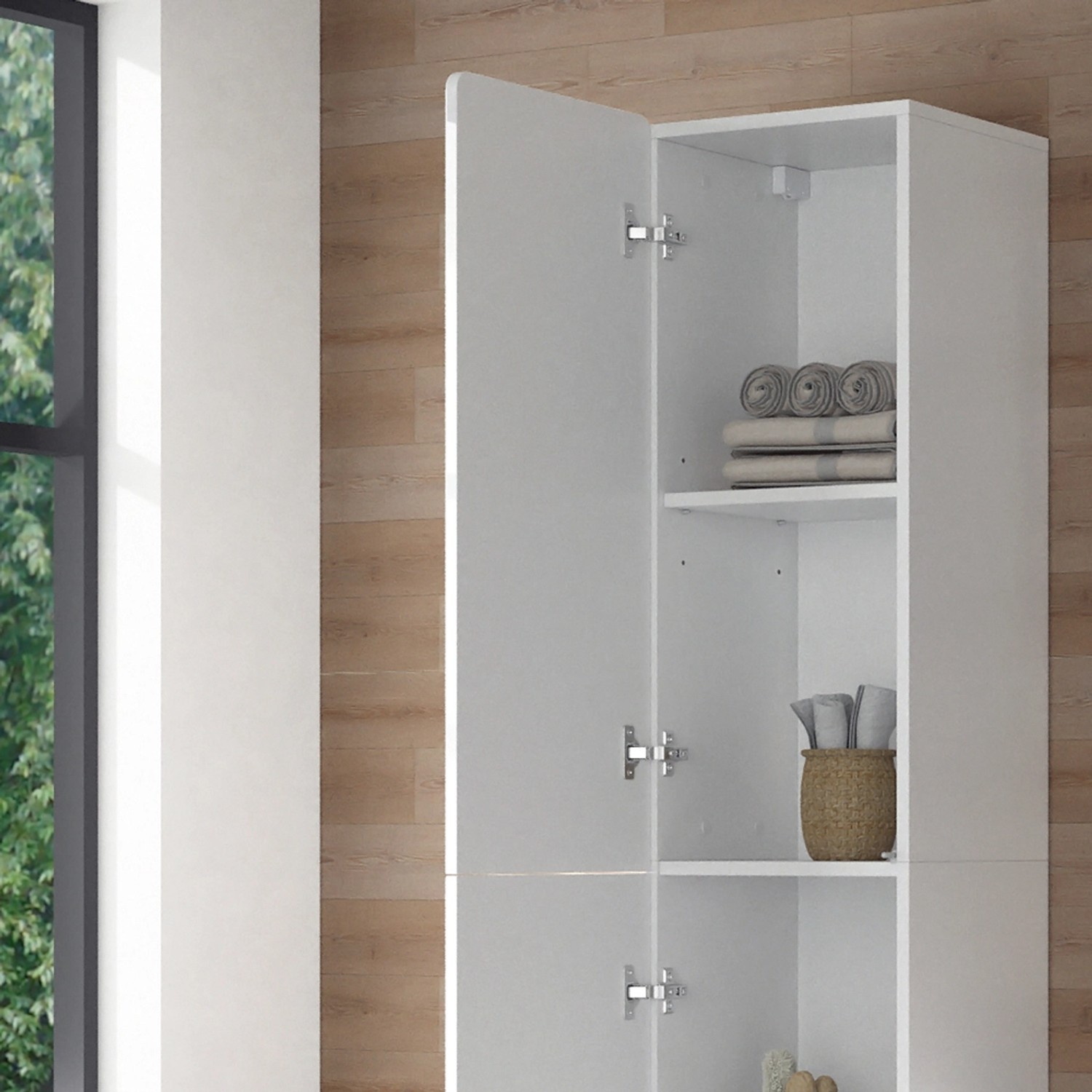 Vicco Badschrank Izan, weiß hochglanz, 37x172 cm, mit offenen Fächern und Badutensilien.