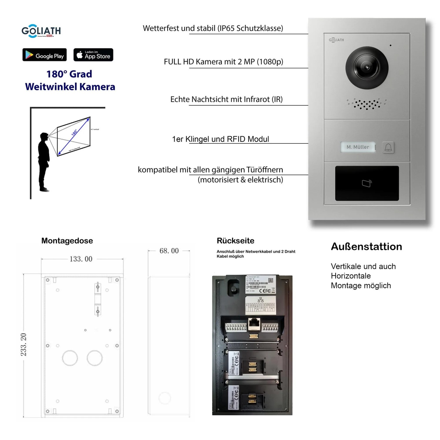 Goliath IP Video Türsprechanlage mit Kamera, 7 Zoll, schwarz/silber, RFID. Sicherheit & Haustechnik.