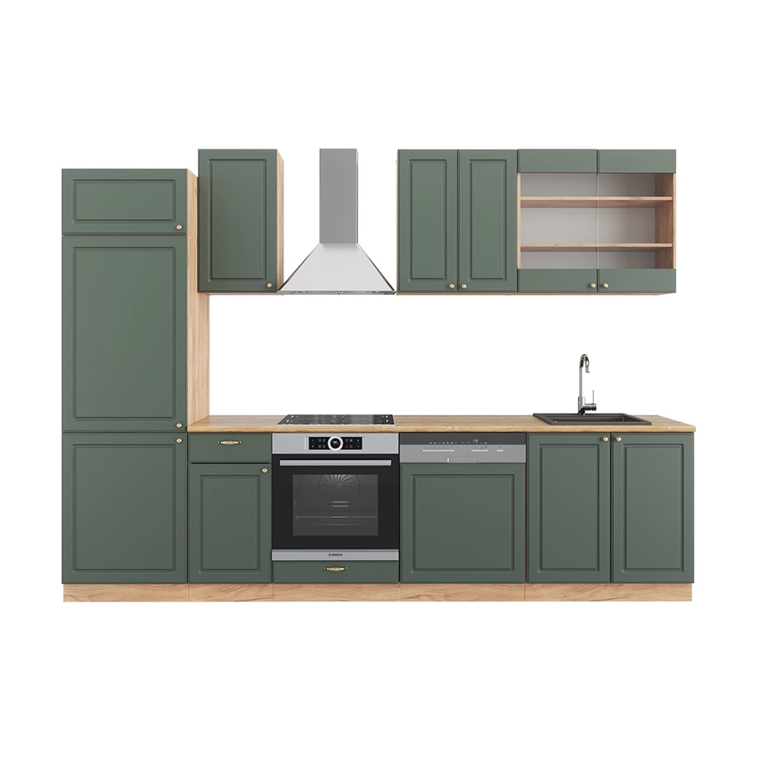 Vicco Fame-Line Küchenzeile Grün-Gold Landhaus/Goldkraft Eiche 300 cm AP Ei günstig online kaufen