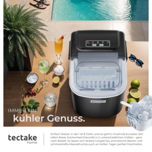 Tectake Eiswürfelmaschine Arctic, schwarzes Gehäuse, mit Eiswürfeln und Getränken dekoriert.
