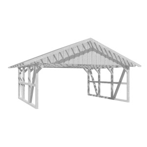 Weißer Skan Holz Carport Schwarzwald mit Dachlattung, Fachwerk Satteldach und offenem Ständerwerk.