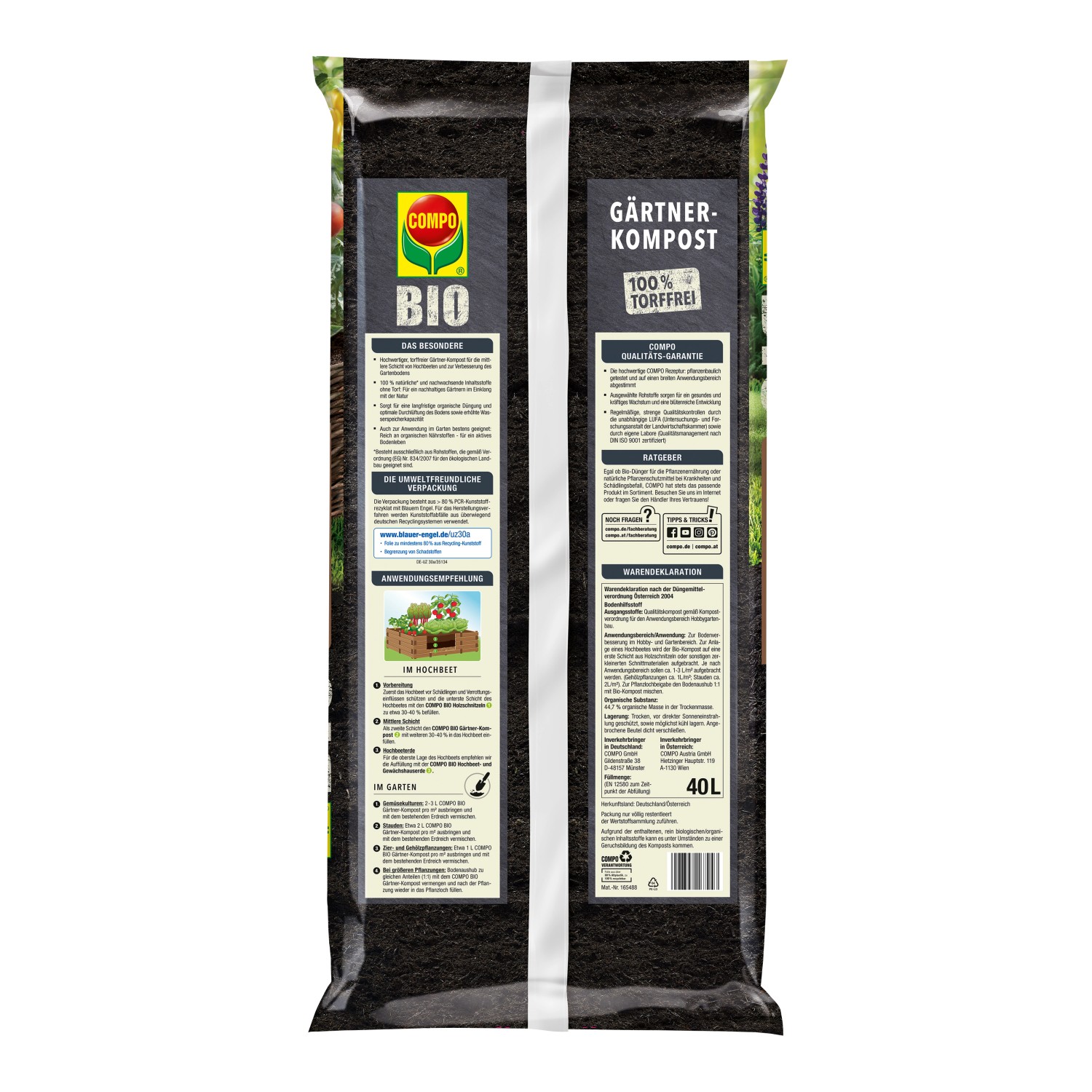 Sack Compo Bio Gärtnerkompost, 40L, zur Bodenverbesserung im Garten und Hochbeet.