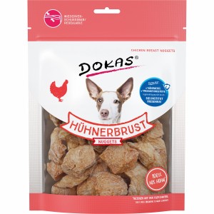 Dokas Hühnerbrust Nuggets, 110g. Hunde-Snack aus zarter Hühnerbrust. Lecker und fettarm.
