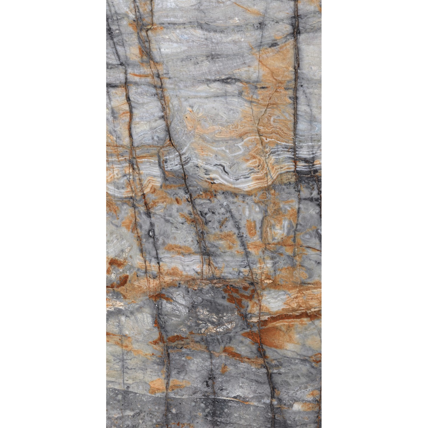 Feinsteinzeug Bodenfliese, 60x120 cm, Steinoptik in Grau-Braun mit polierter Oberfläche.