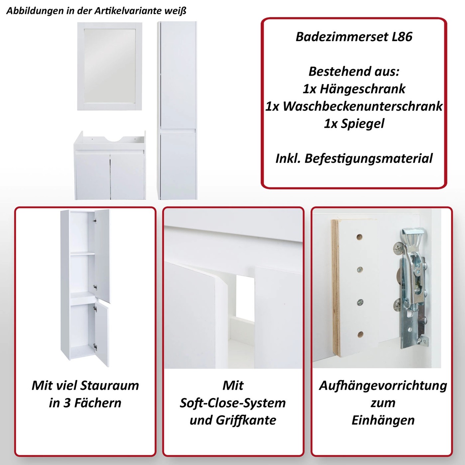 Weißes Badmöbel-Set: Waschtisch, Spiegel, Hängeschrank. Modernes Design mit viel Stauraum für Ihr Badezimmer.