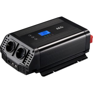 Schwarzer AEG Spannungswandler Sinus 600 W mit Display und Steckdosen für Auto, Boot und Camping.