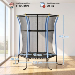 Blau-schwarzes HOMCOM Kinder Trampolin mit Sicherheitsnetz, gepolsterten Stangen und Stahlrahmen, 122x190 cm.