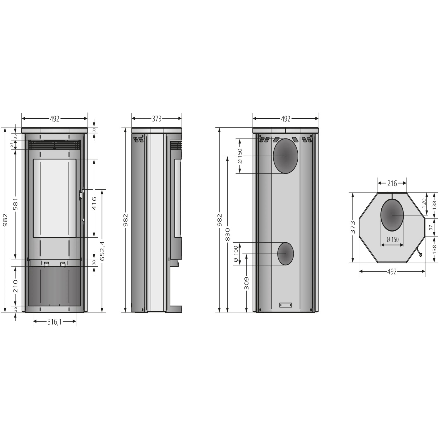 Technische Zeichnung Kaminofen Justus Usedom 5, Maße und Details für Installation. Gussgrau mit Speckstein.
