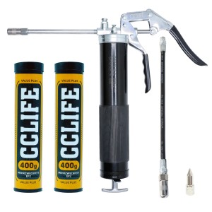 CCLIFE Fettpresse mit 2 Kartuschen, Schlauch und Düse. Ideal für KFZ- und Maschinenwartung.
