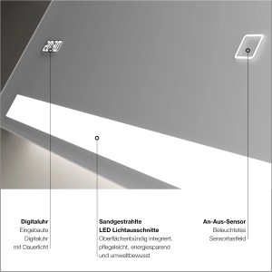 Detailansicht des DSK Design LED-Lichtspiegels Silver Conde 120x60 mit Digitaluhr und Touch-Sensor.