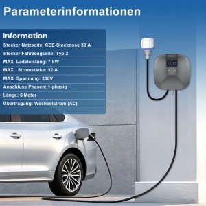 Junsun Mobile Wallbox 7kW Elektroauto Ladegerät Typ 2 CEE 6-32A Einstellbar 6m