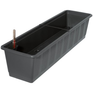 Anthrazitfarbener Geli Blumenkasten Aqua-Green 5 l mit Wasserstandsanzeige.