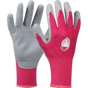 Kinder Gartenhandschuhe Tommi Melone, pink/grau, mit Latexschaum-Beschichtung.